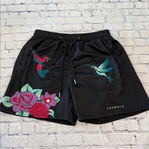 YoungLA Unisex Black Shorts with Floral & Hummingbird Design NWOT